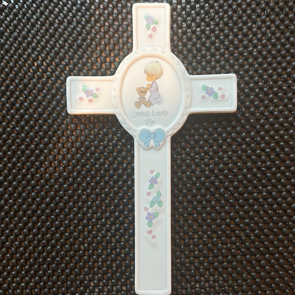Precious Moments “Jesus Loves Me” ceramic cross.  Apprx 5"x8".